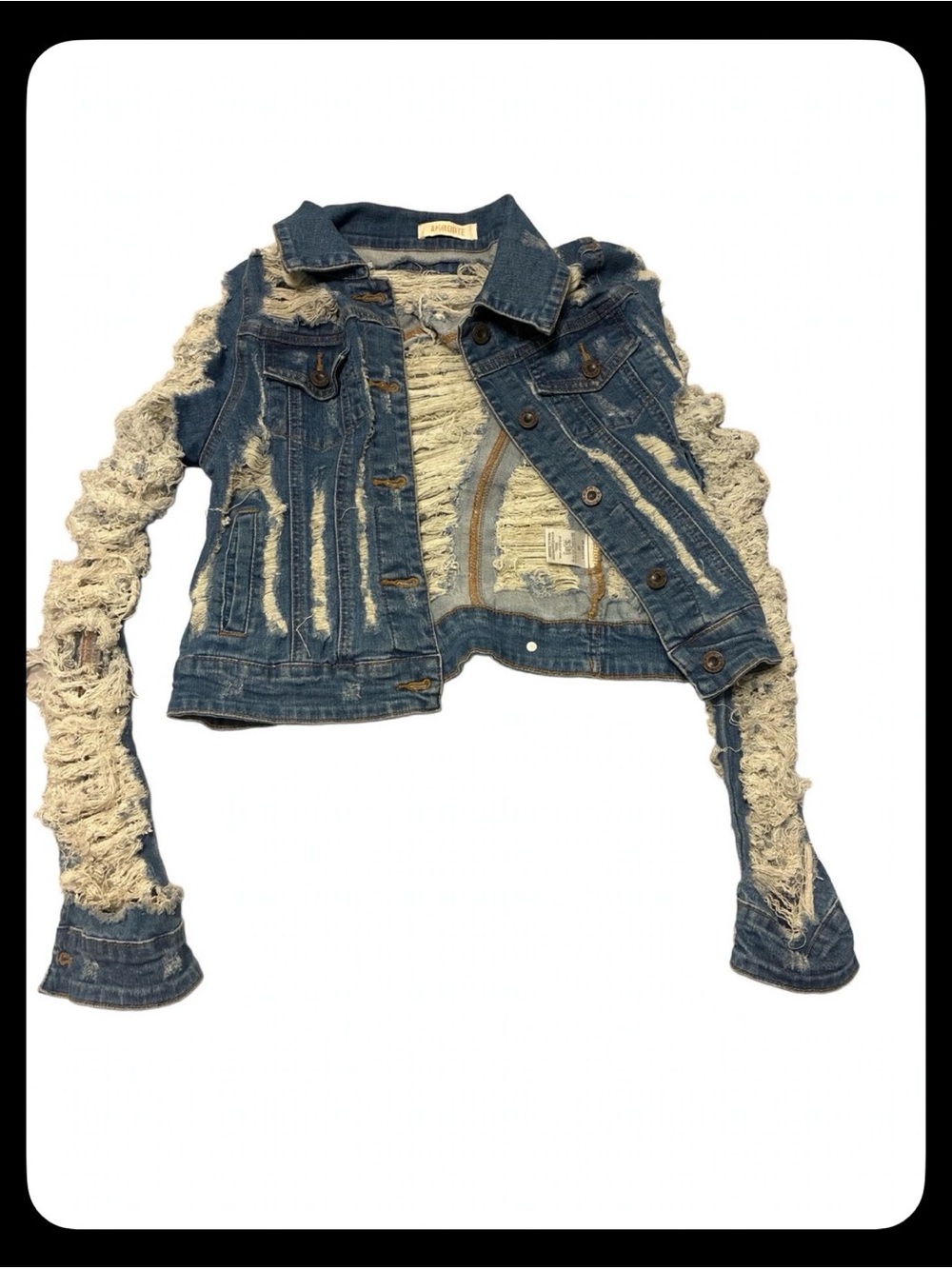 Aphrodite Distressed Blue Denim Jacket with Frayed Cream Sleeves y2k